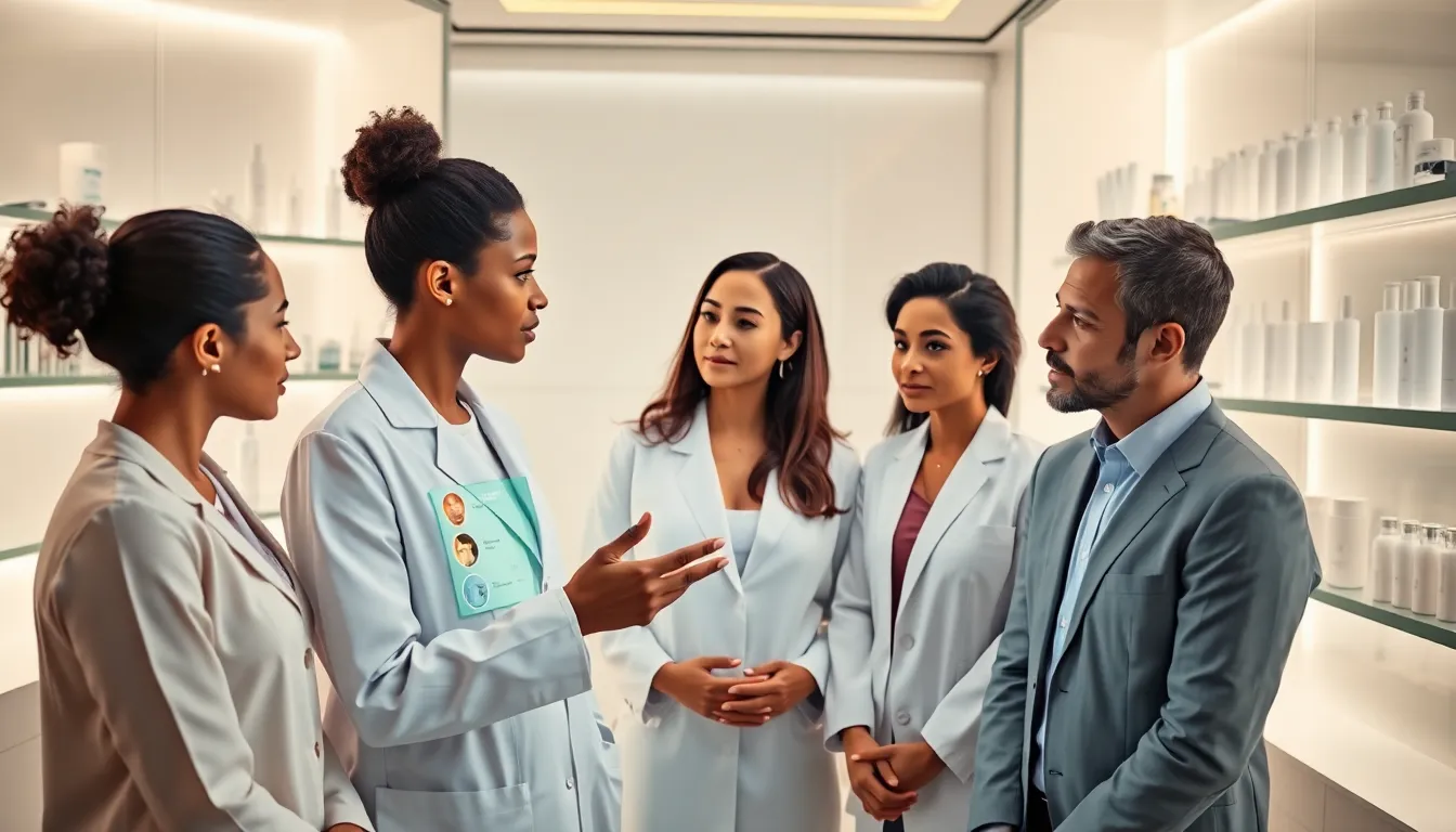 diverse team discussing skin types in a modern skincare clinic.