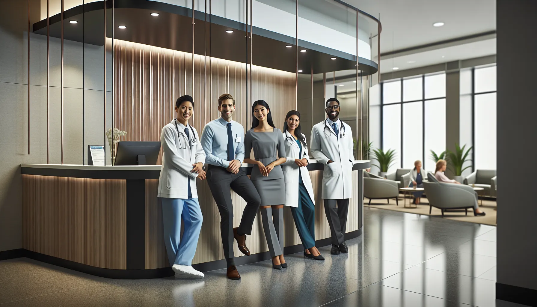 diverse medical team in a modern healthcare reception area.