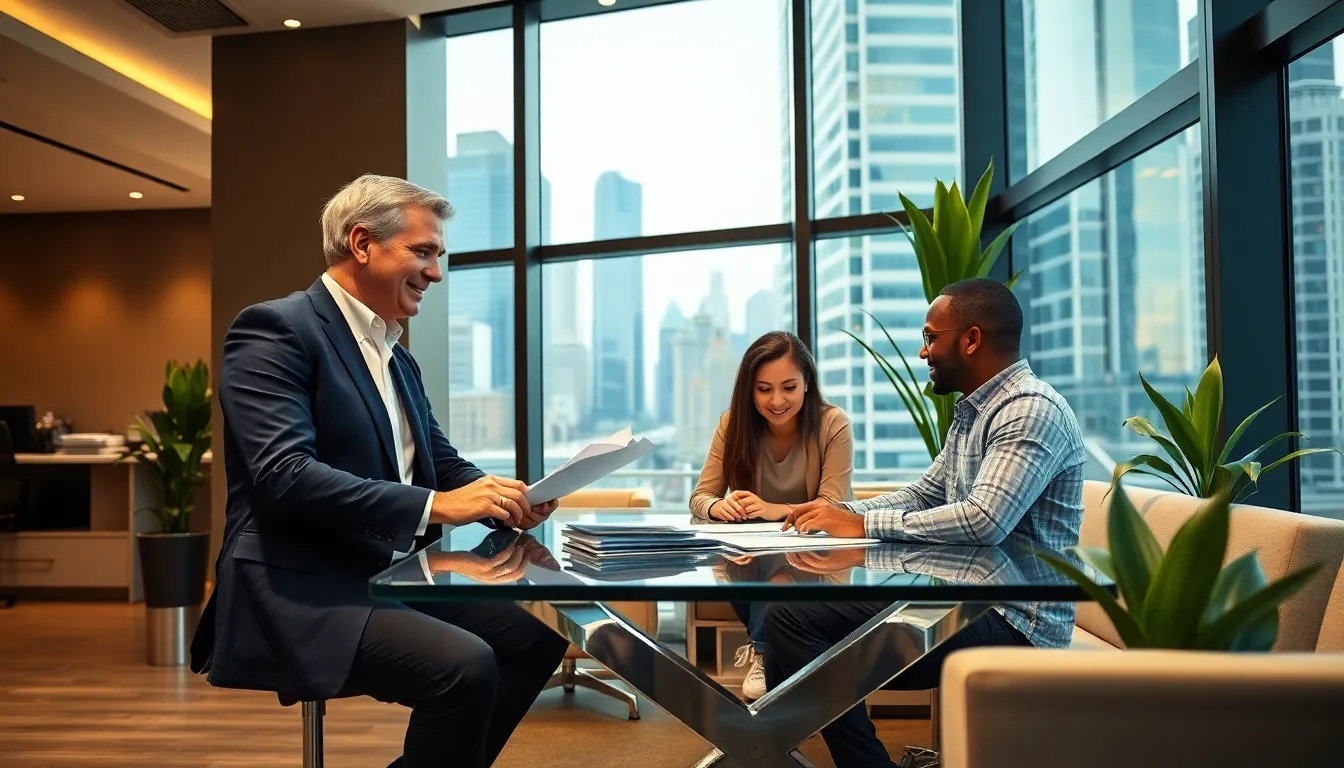 Timothy, a real estate agent, discusses options with a couple in a modern office.