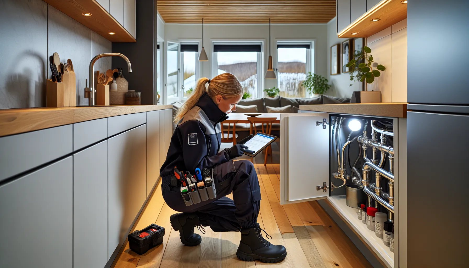 Inspector checks under-sink plumbing in a tidy norwegian home before sale.