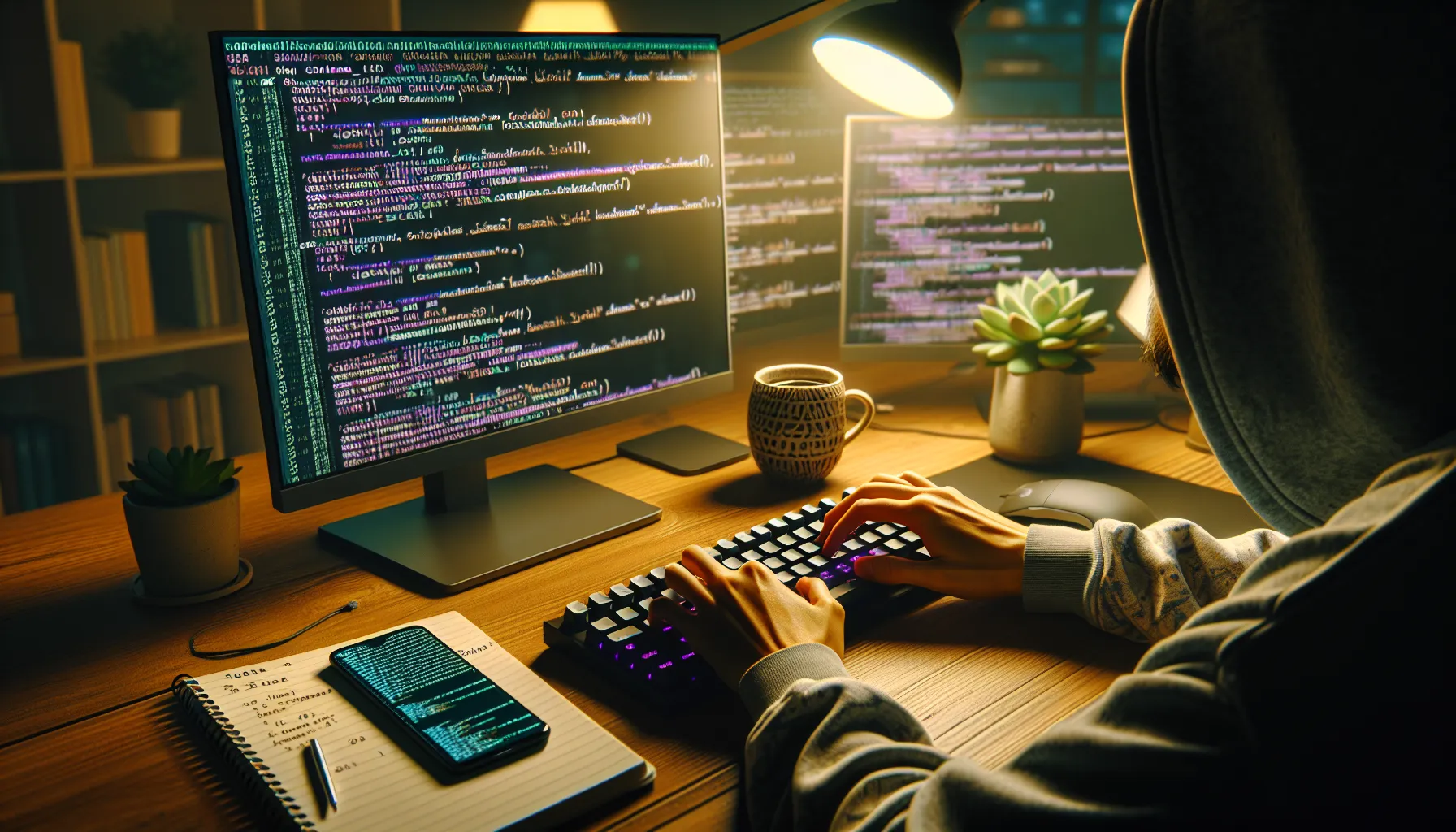 Developer typing code on keyboard with Solana token deployment screens displayed on monitors.