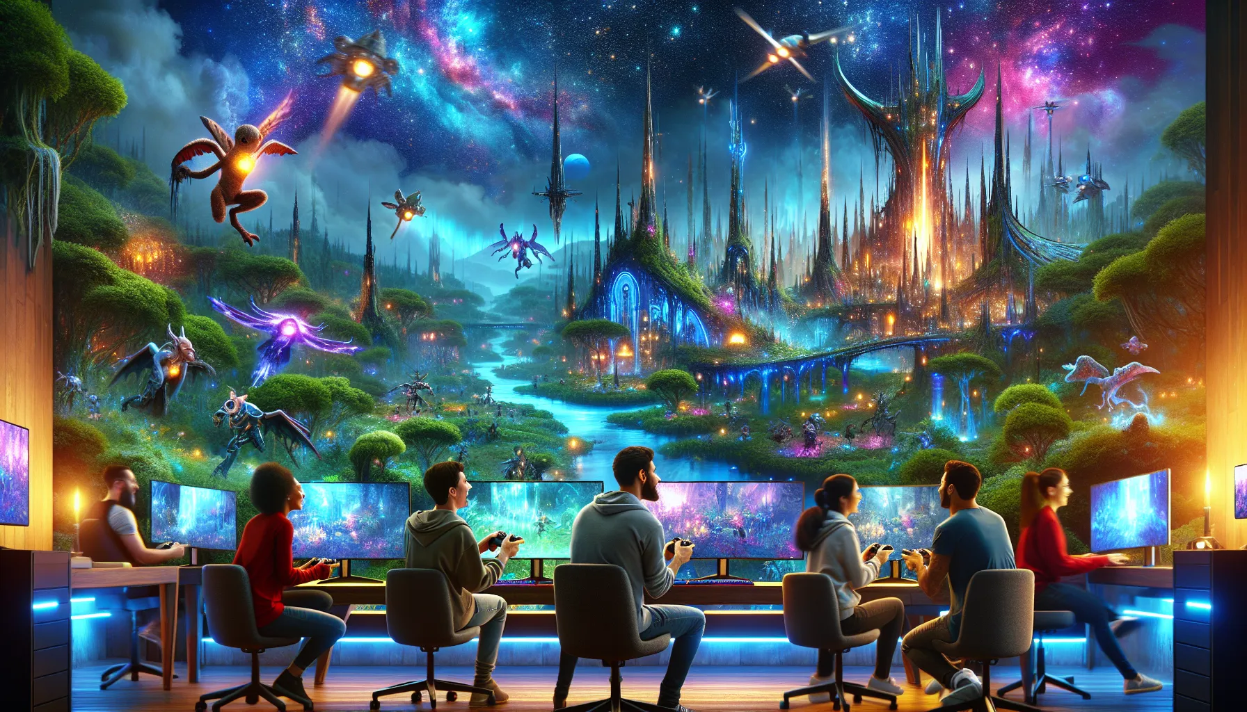 diverse gamers enjoying the immersive fantasy game Zhimbom.