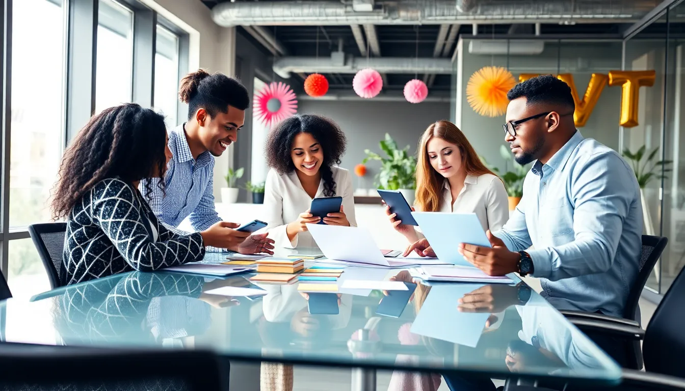 diverse team planning a thrifty event in a modern office.