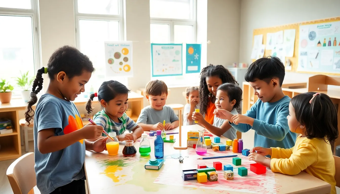 children engaged in STEAM activities in a colorful preschool classroom.