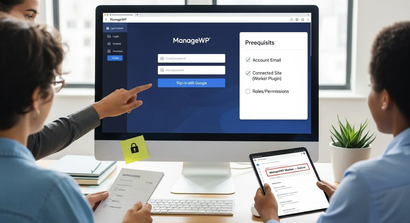 Team verifying ManageWP login, connected site status, and user permissions in office.