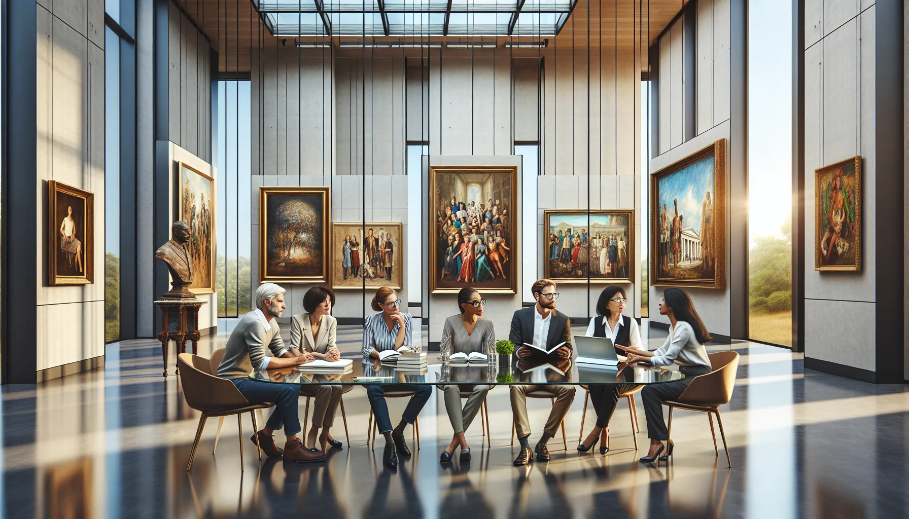 diverse group discussing art in a contemporary education space.