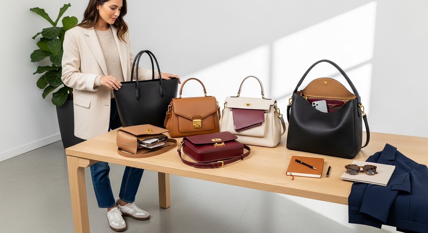 Woman reviewing luxury handbags in a bright modern boutique setting.