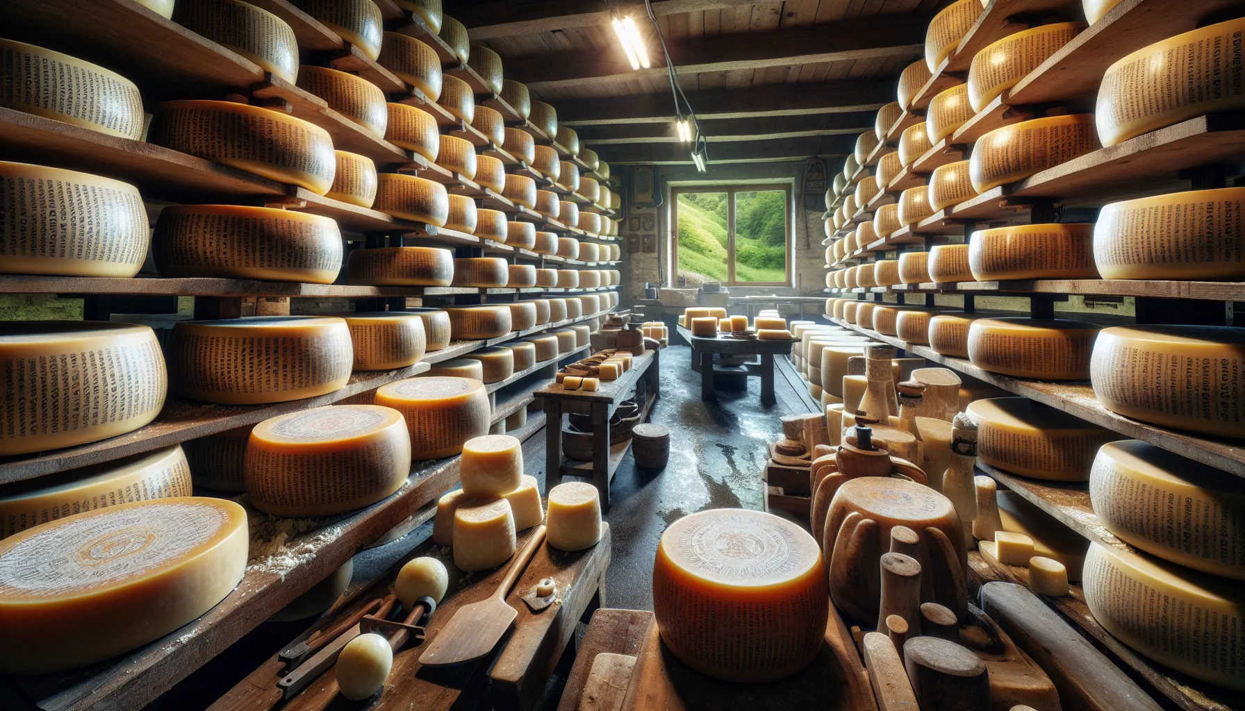 Traditional cheese production facility with wheels of cheese and certification marks.