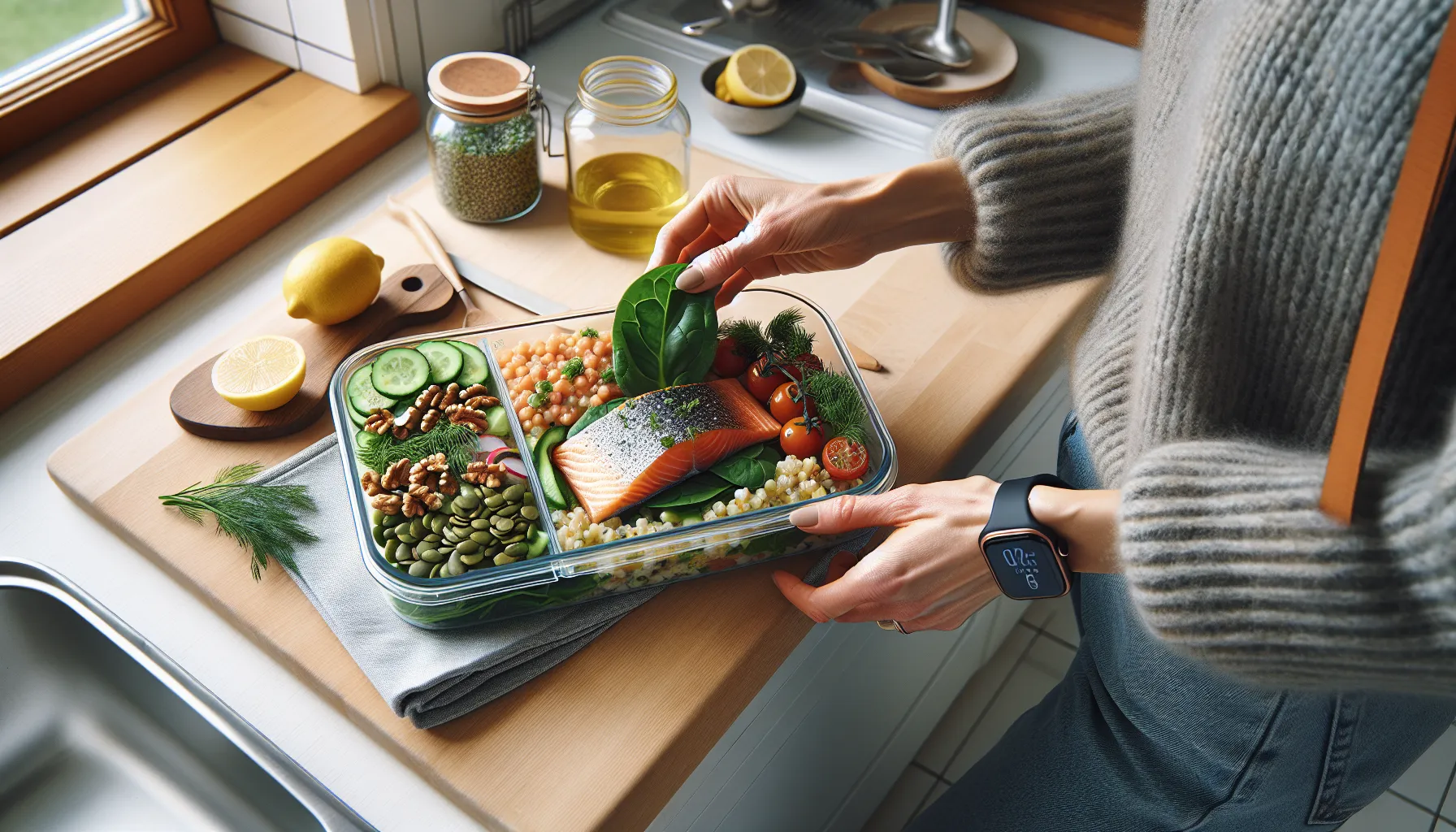 Norwegian woman packing a heart-healthy salmon, barley, and greens lunchbox.