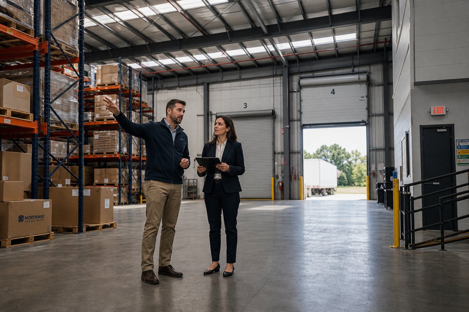 Business owner and finance professional touring a warehouse interior for commercial mortgage planning.