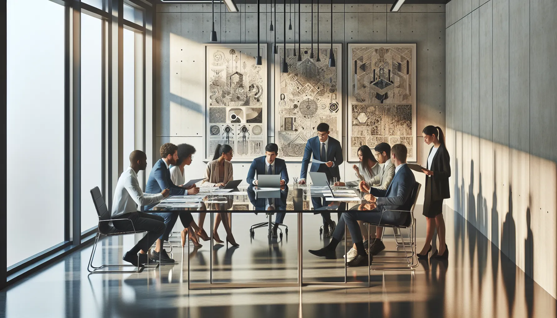 diverse professionals collaborating in a modern office discussing art and technology.