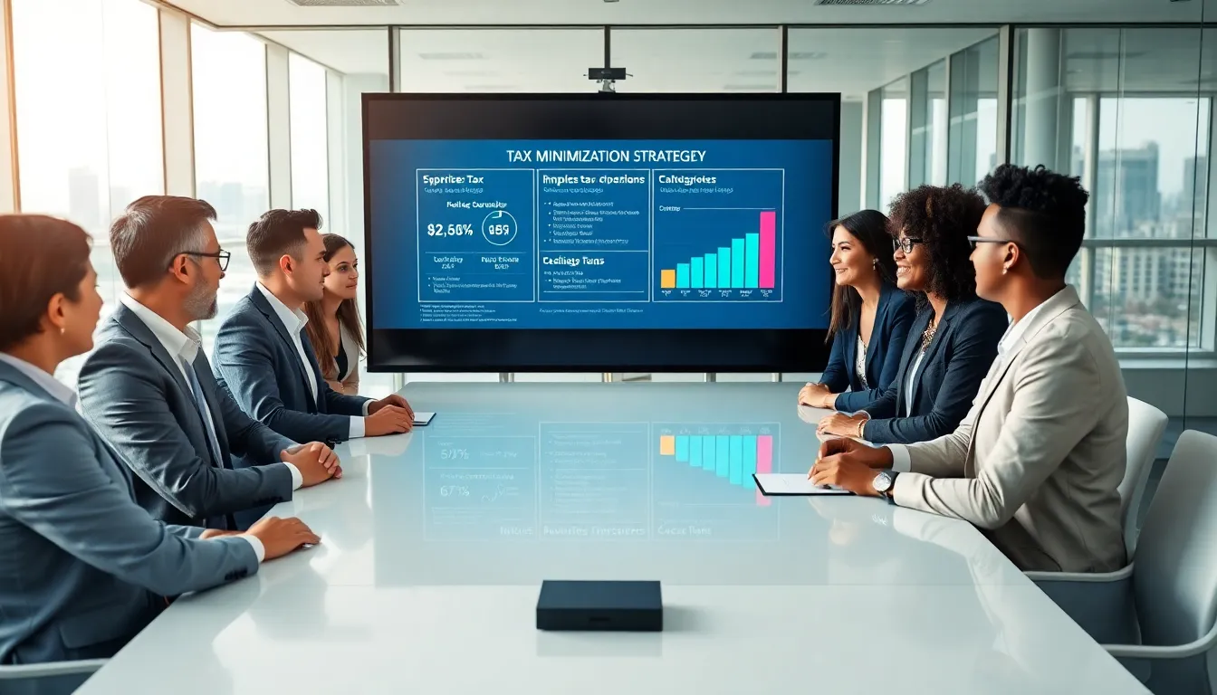 diverse financial consultants discussing tax minimization strategies.