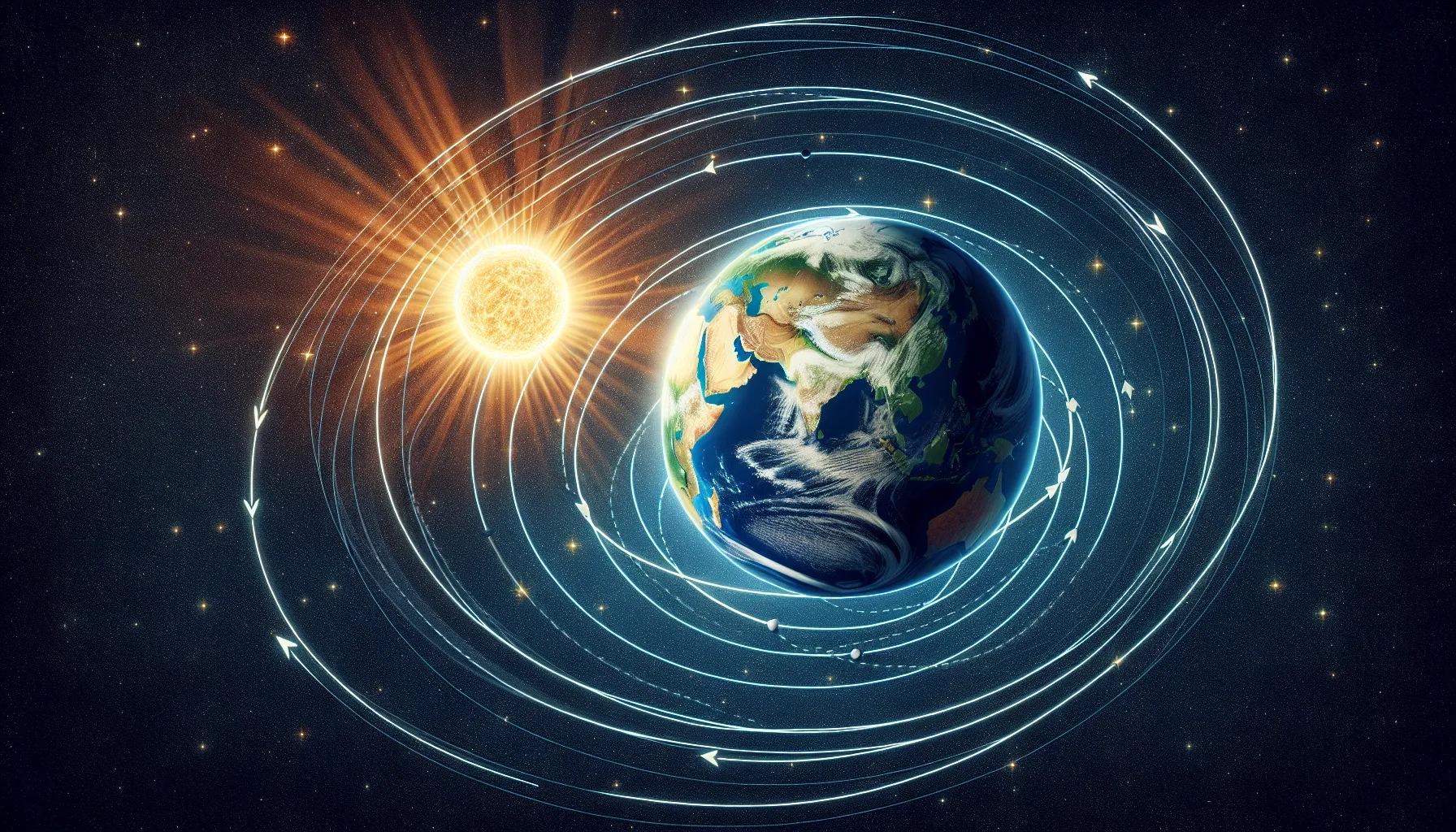 Earth orbiting the Sun and rotating on its axis in a space setting.