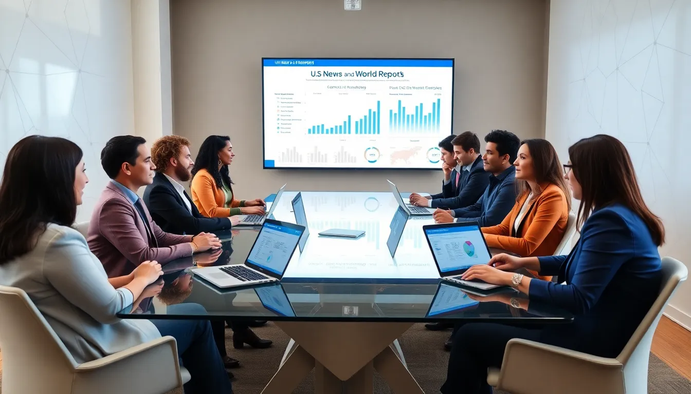 diverse team discussing university rankings in a modern office.