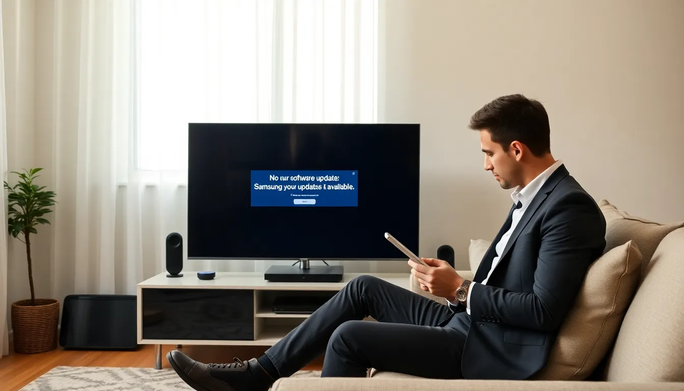 modern living room with Samsung TV displaying update information.
