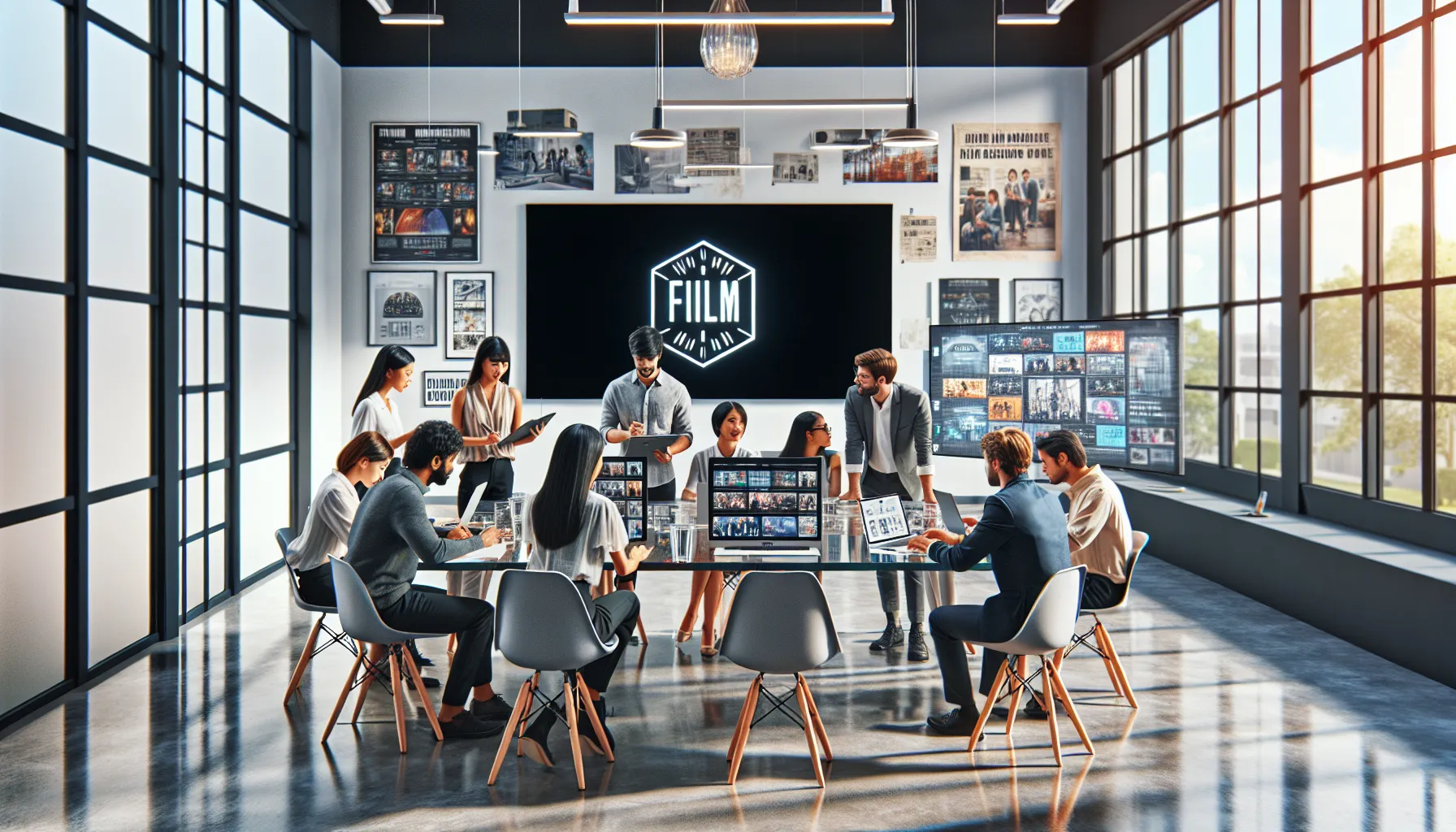diverse team collaborating on film reviews and resources in a modern office.