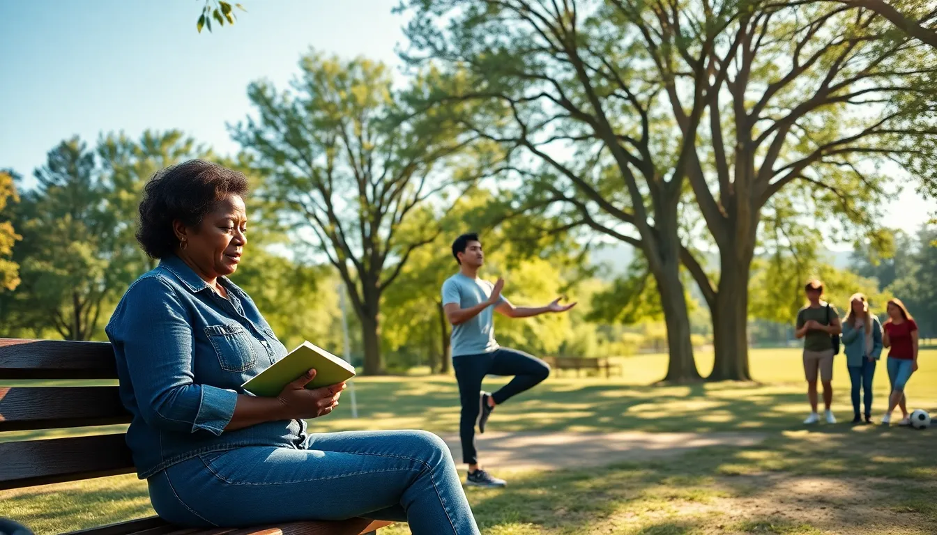 diverse people practicing emotional resilience in a sunny park setting.