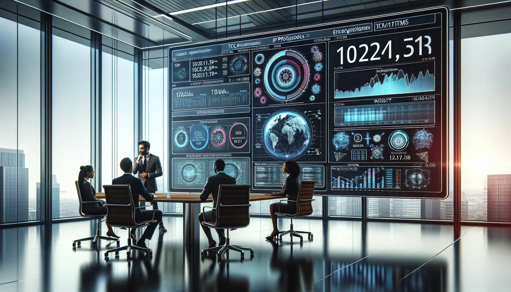 IT professionals discussing network specifications in a modern office.