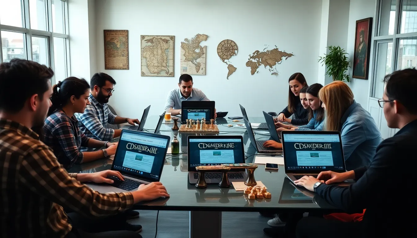 diverse group collaborating over laptops at a gaming workspace.