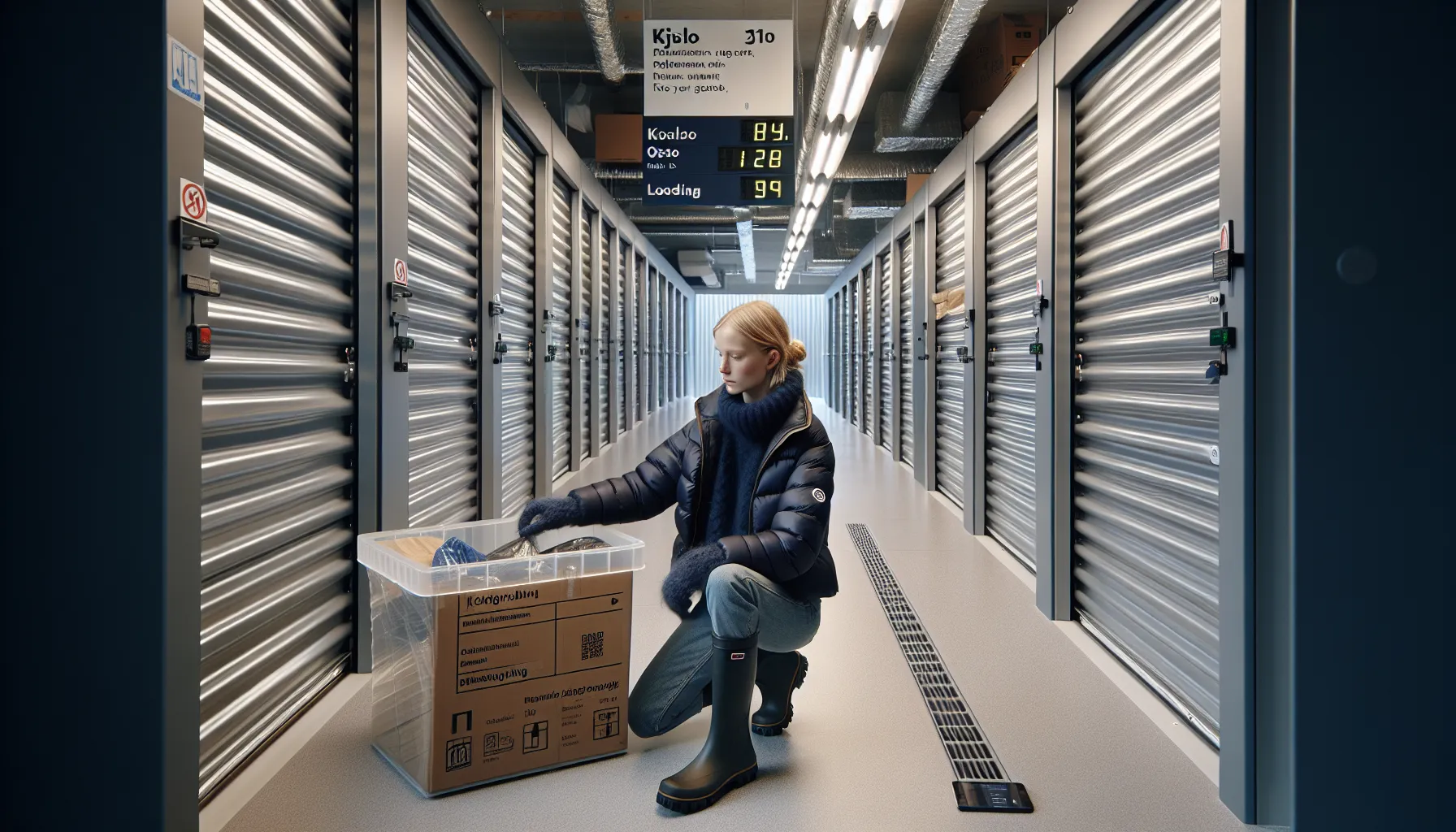 Norwegian woman retrieves a labeled box in climate-controlled storage with skis and bike.