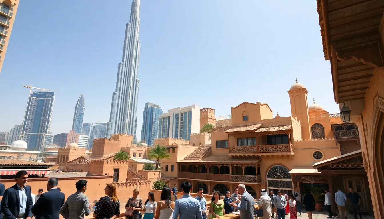 Dubai skyline blending modern and traditional architecture with diverse people.