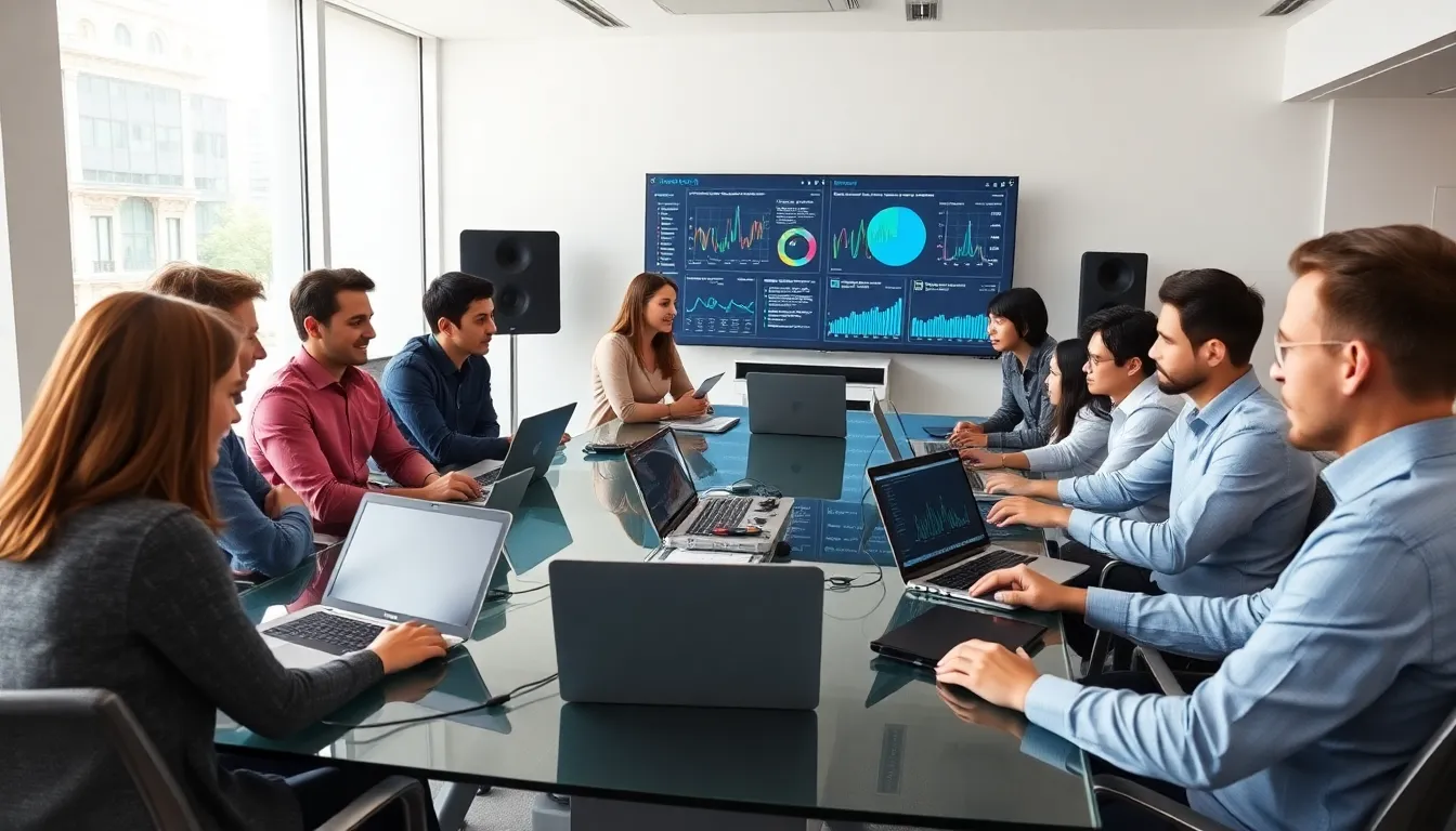 IT professionals testing Stonecap 3.0.34 software in a modern office.