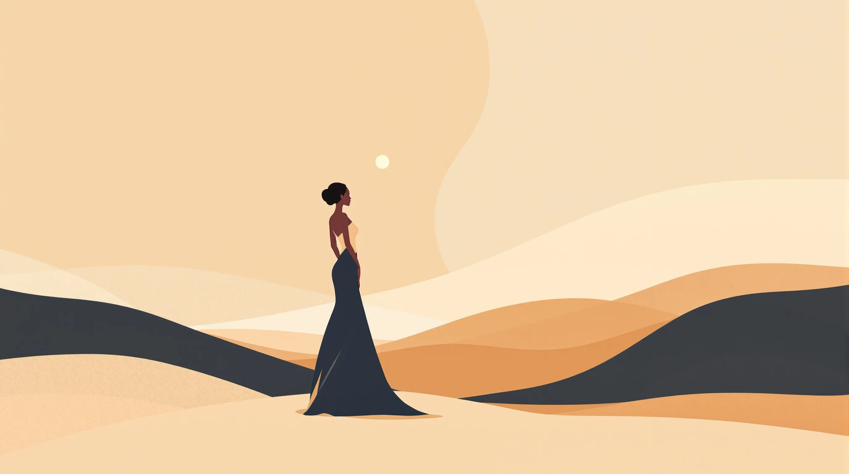 Minimal silhouette of a woman with geometric symbol on warm gradient background.