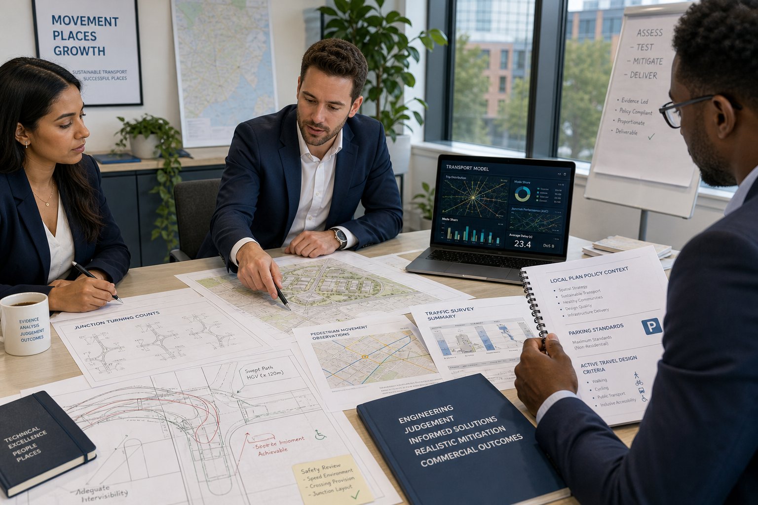 Transport planners reviewing traffic data and site plans in a modern office.