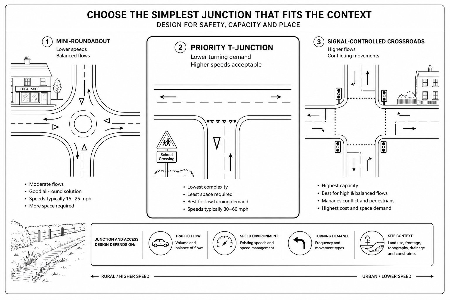 Three road junction options compared for a UK development site.