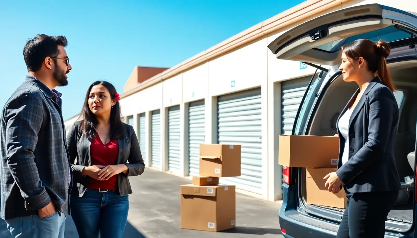 diverse group discussing storage options at a modern self-storage facility.
