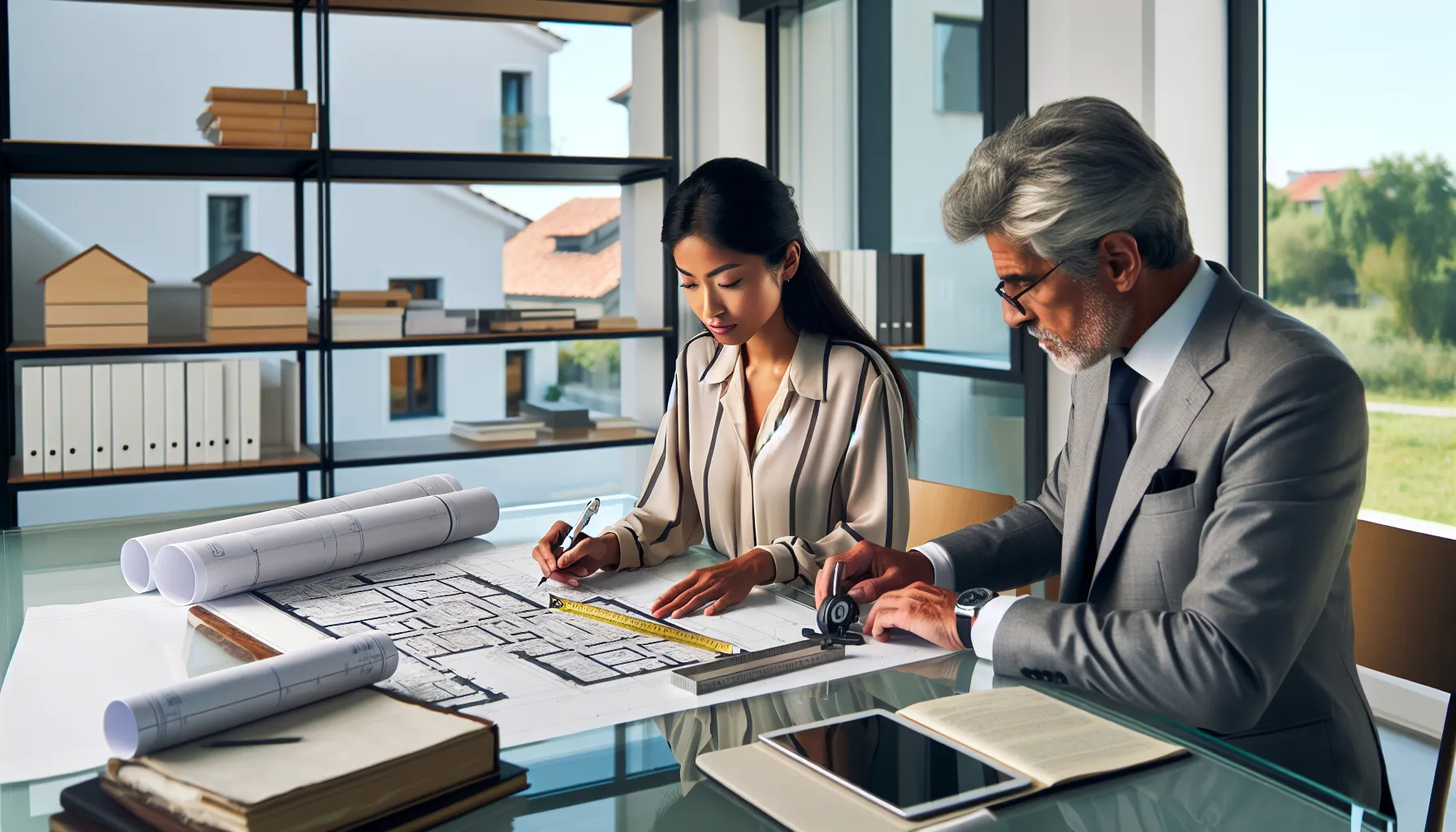 Architect reviewing building plans and property boundaries with client in modern office.