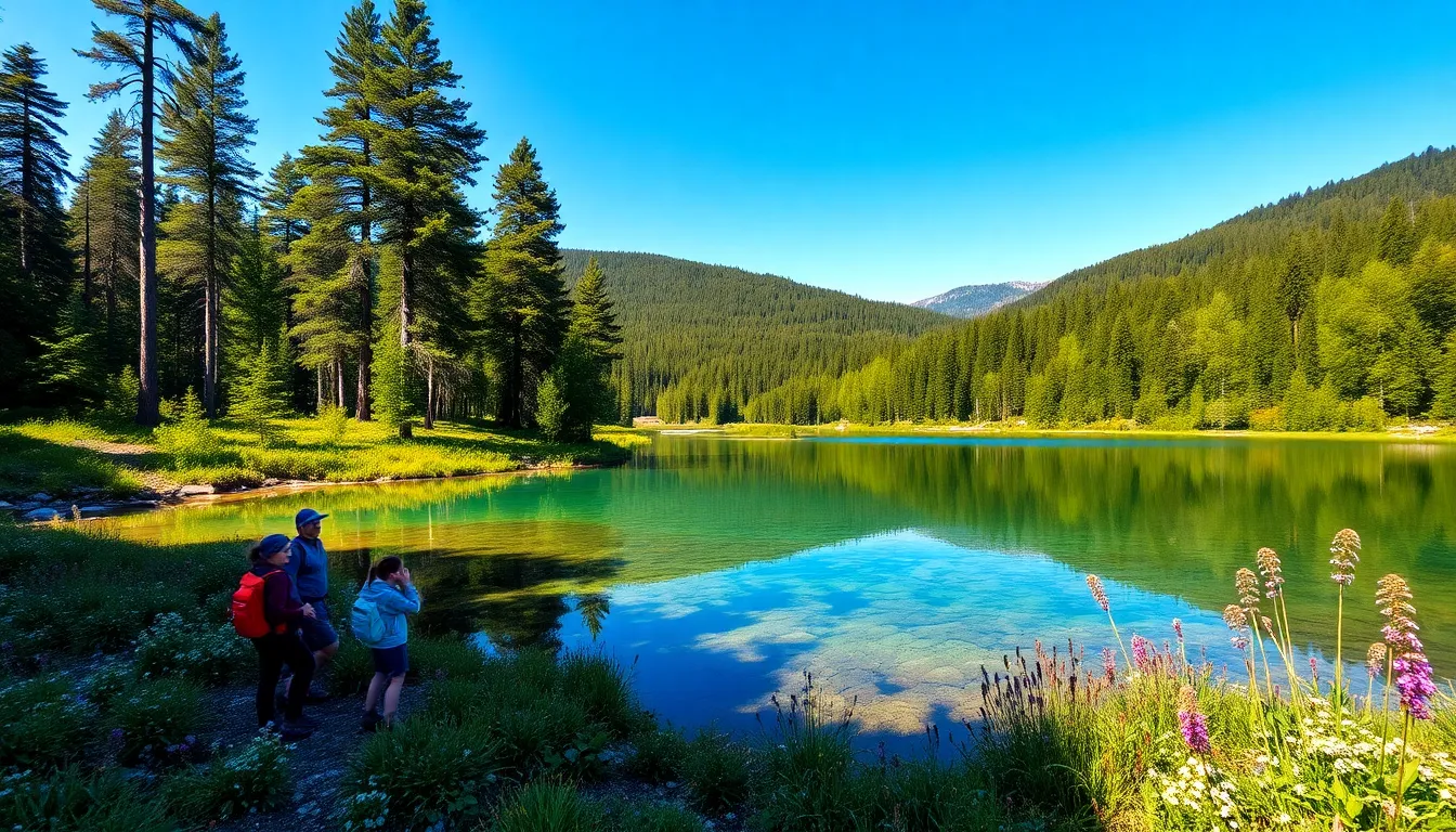 diverse adventurers enjoying a serene natural landscape.