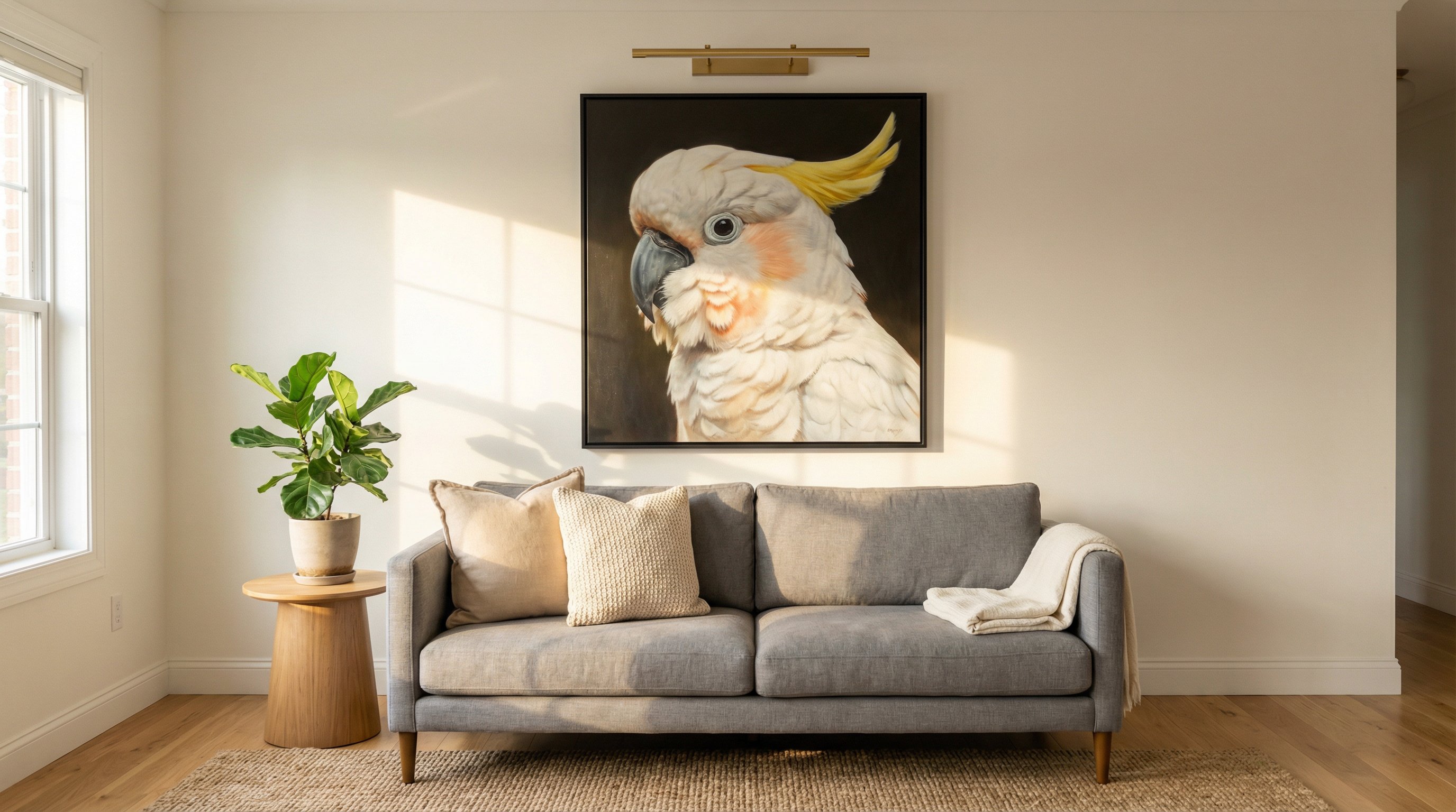 Framed cockatoo portrait hanging above a sofa in a sunlit living room.