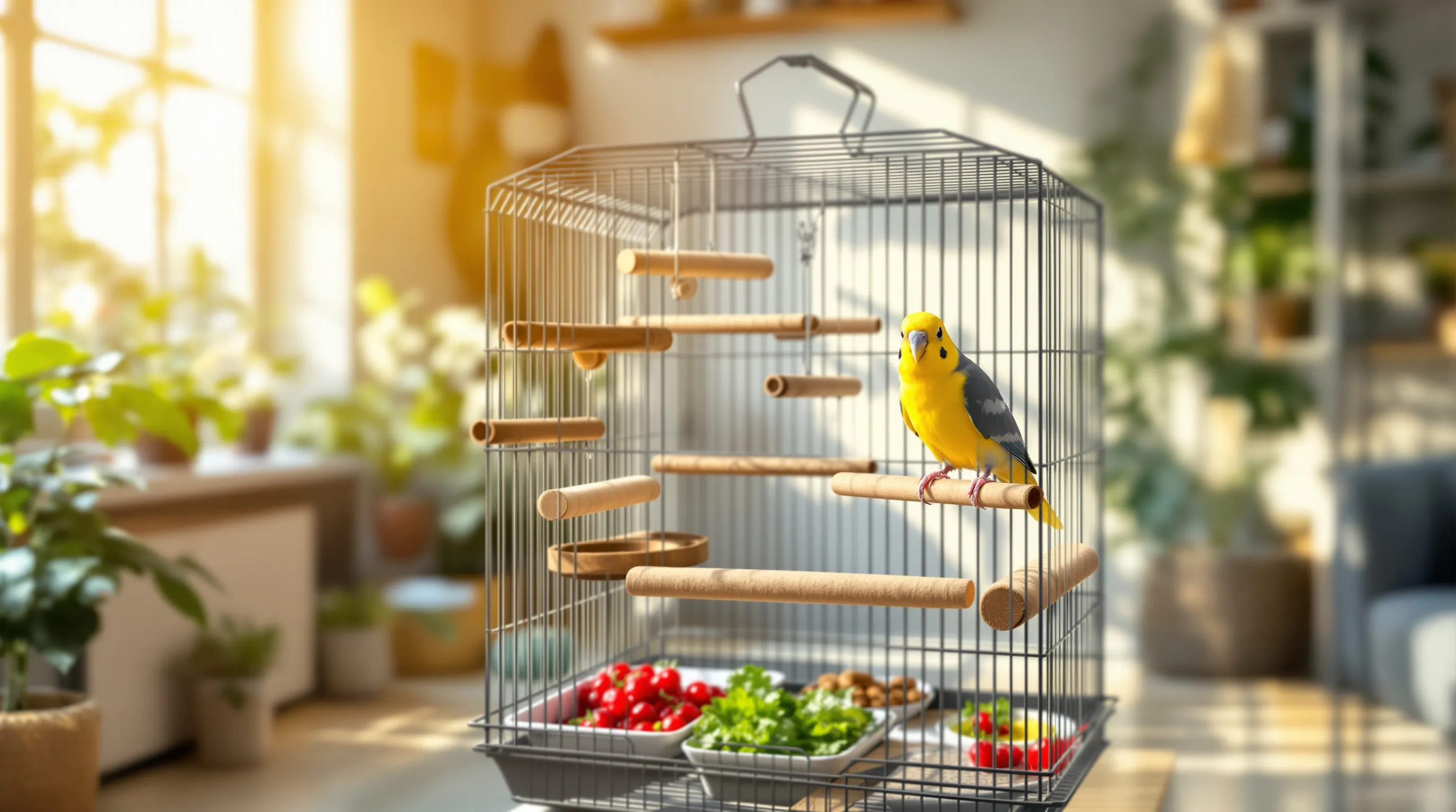 a cockatiel inside a bright cage in a cozy living room.