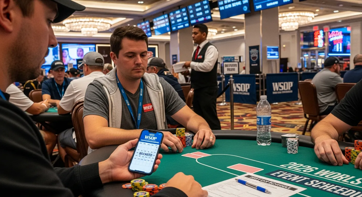 Player checks 2026 WSOP schedule on phone at a Las Vegas poker table.