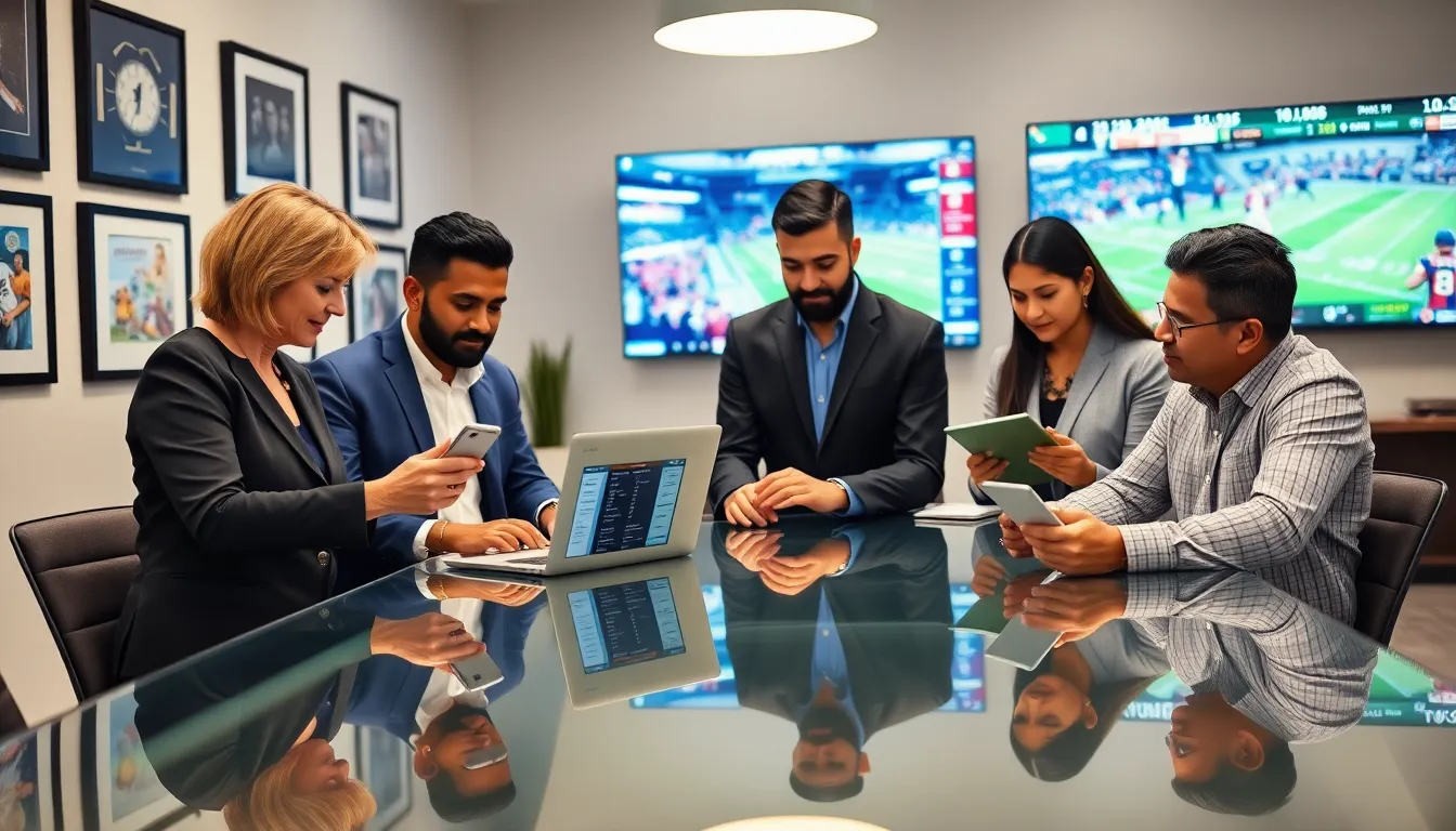diverse team collaborating in a modern office focused on sports coverage.