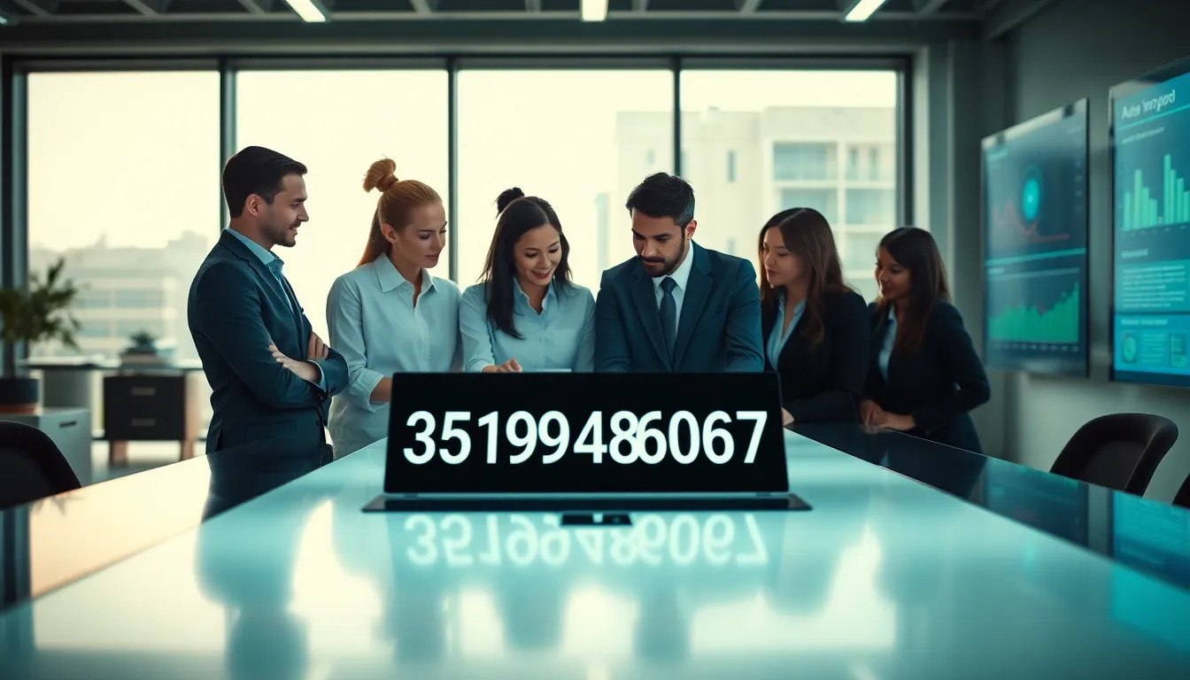 diverse professionals discussing a digital identifier in a modern office.