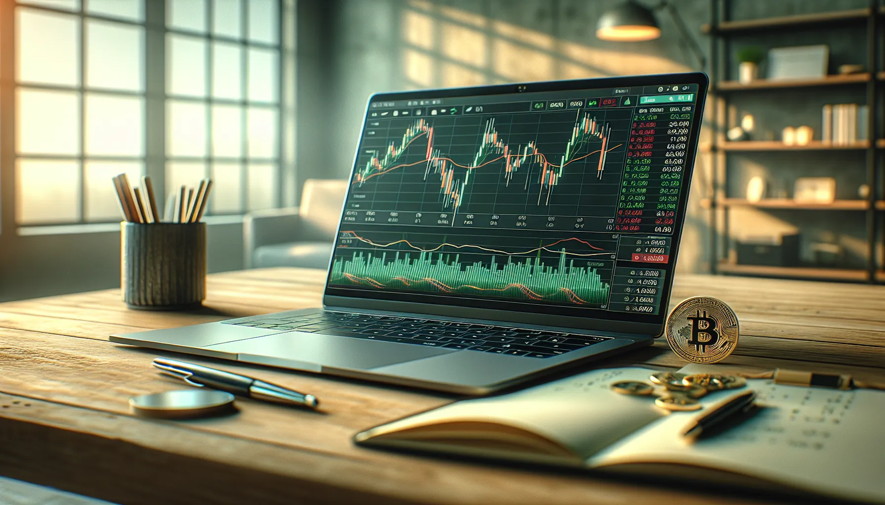 Laptop displaying BTC/BRL trading chart with order book and Brazilian flag on desk.