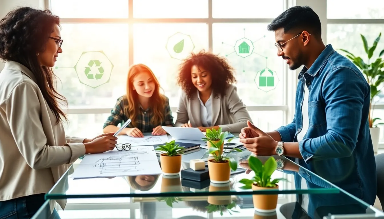 diverse team collaborating on sustainable fashion technology in a modern office.