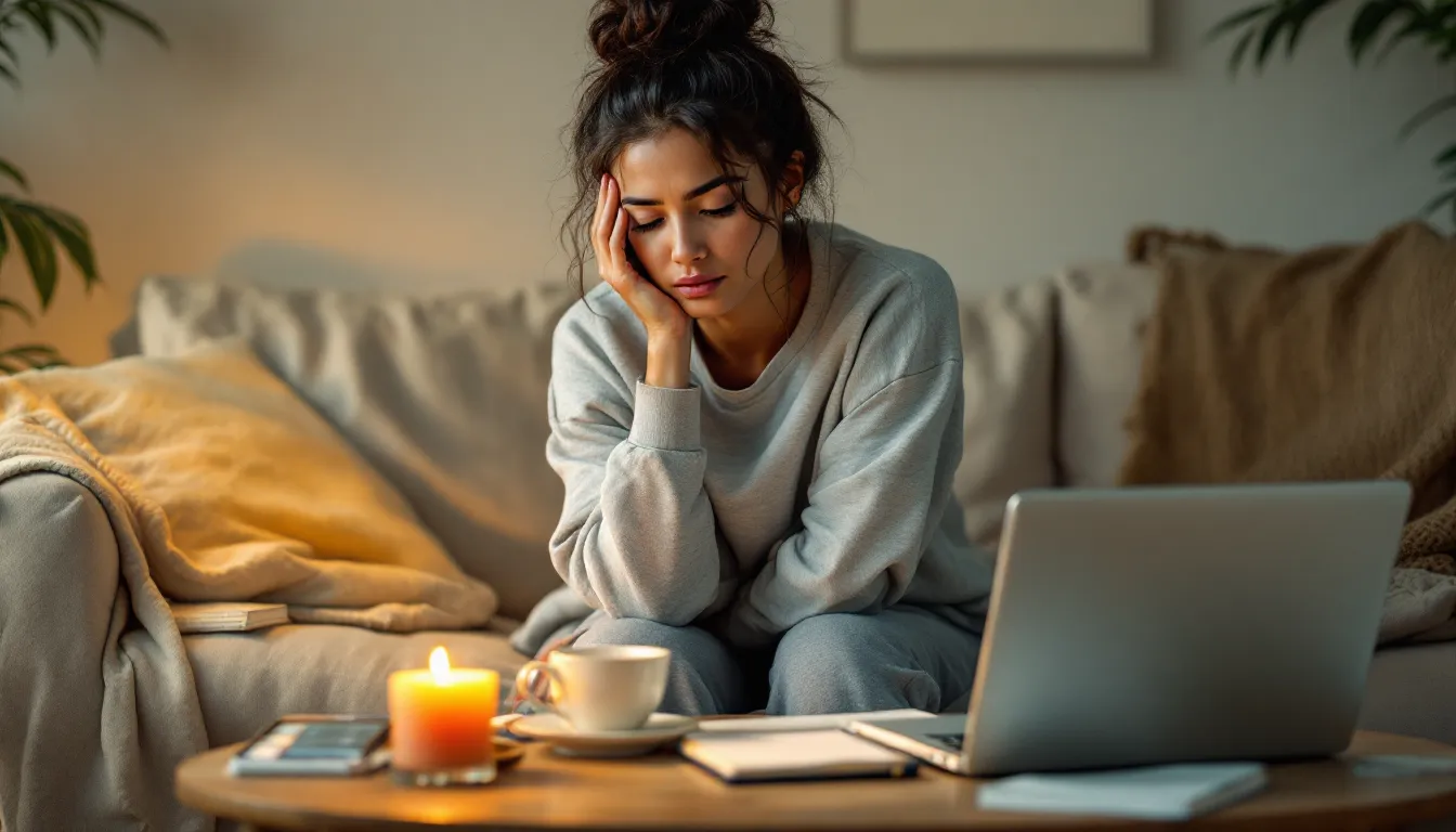 Exhausted woman surrounded by self-help books and wellness tools on her couch.