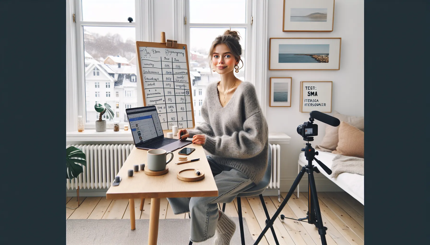 Norwegian content creator plans niche and platform strategy at a minimalist home desk.