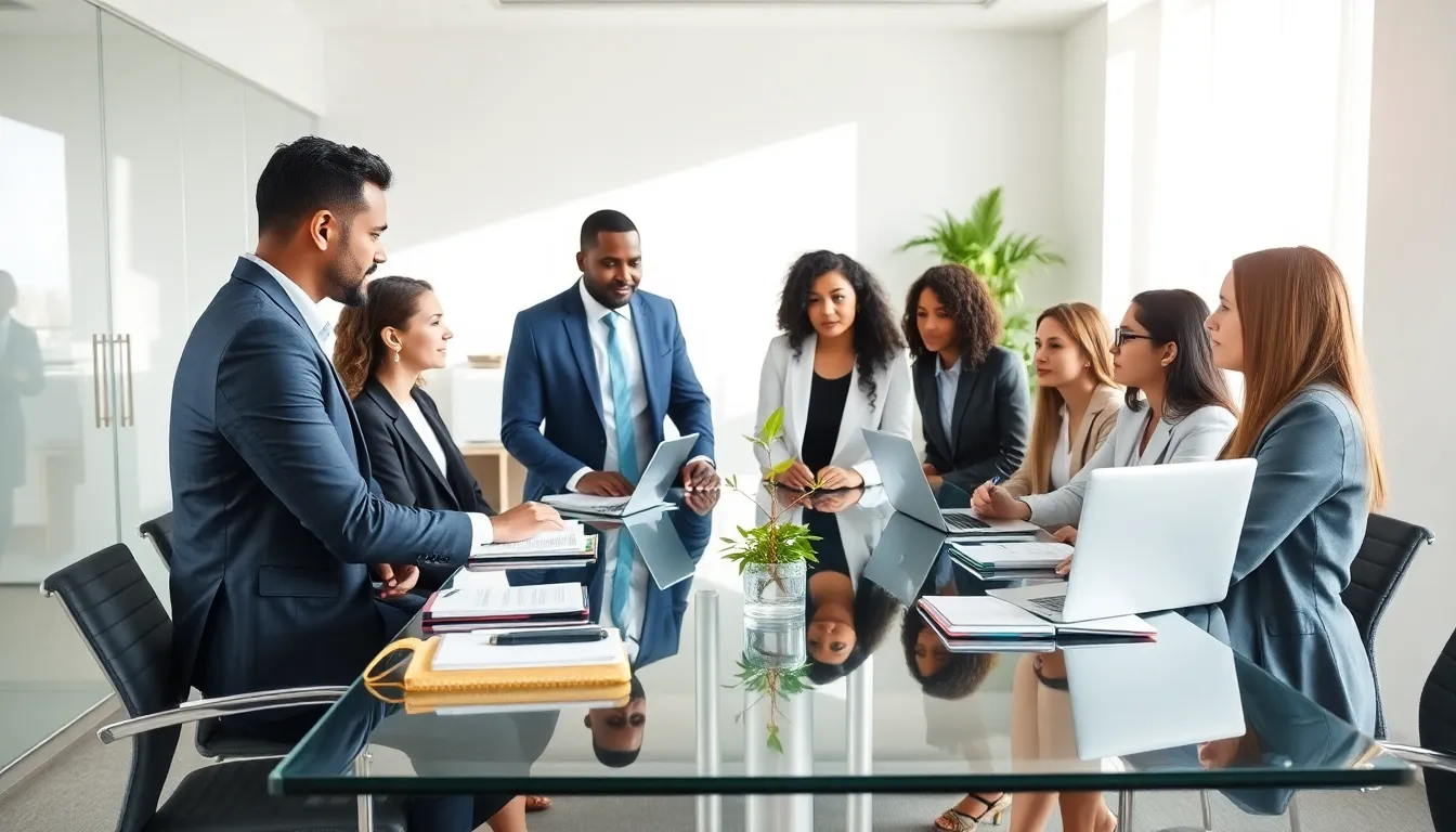 diverse professionals discussing in a clean, modern office.