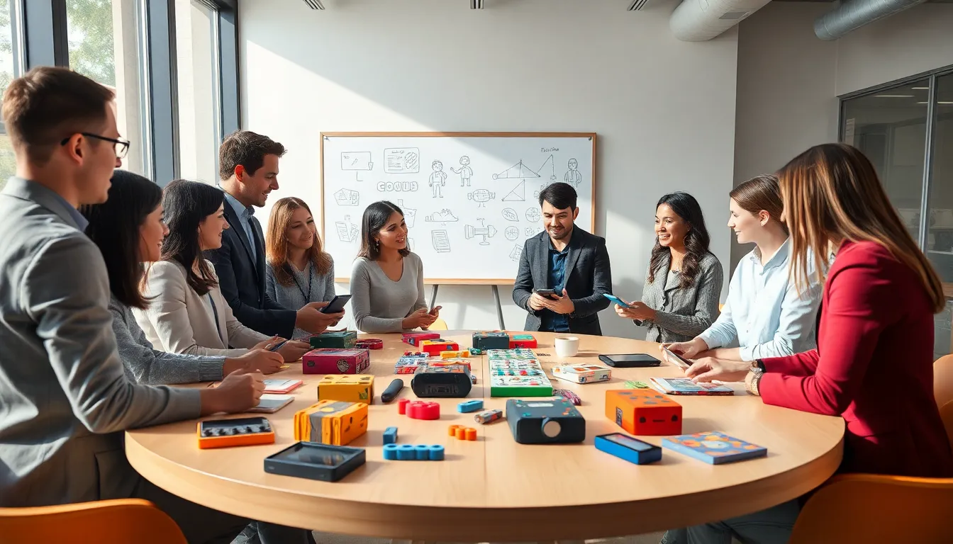 diverse team collaborating on game design in a modern office.