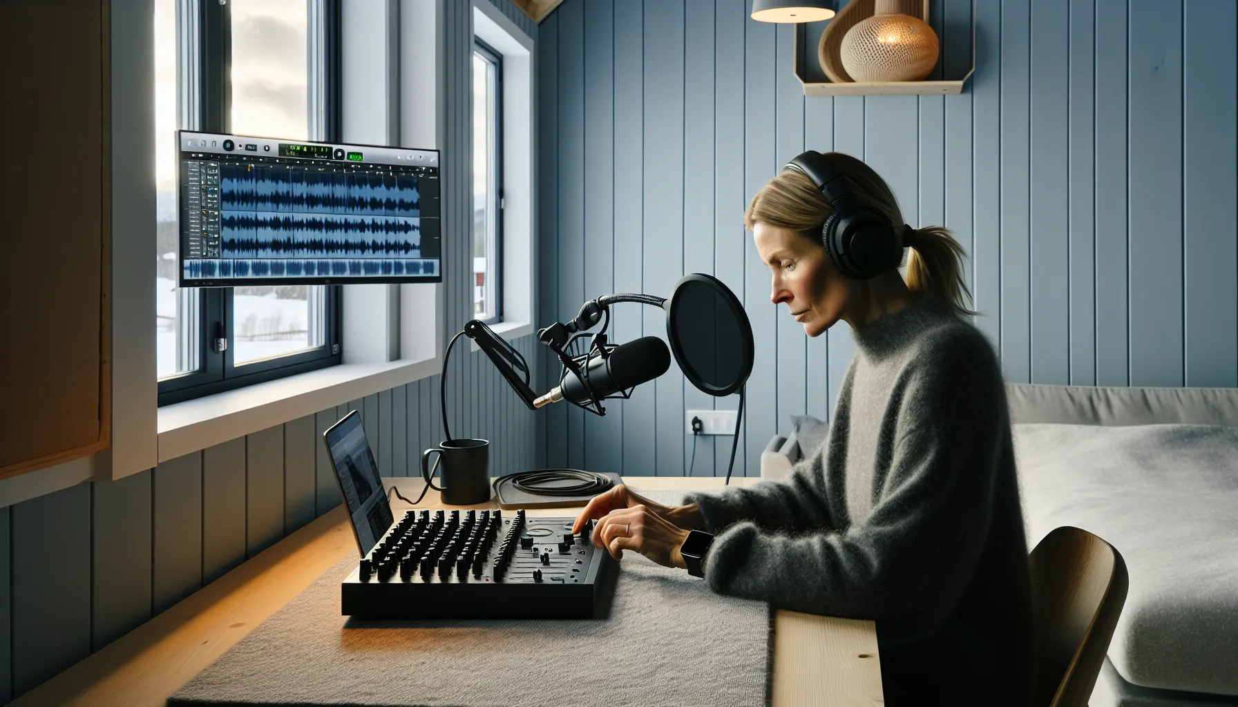 Norwegian podcaster planning and recording in a minimalist home studio with pro gear.