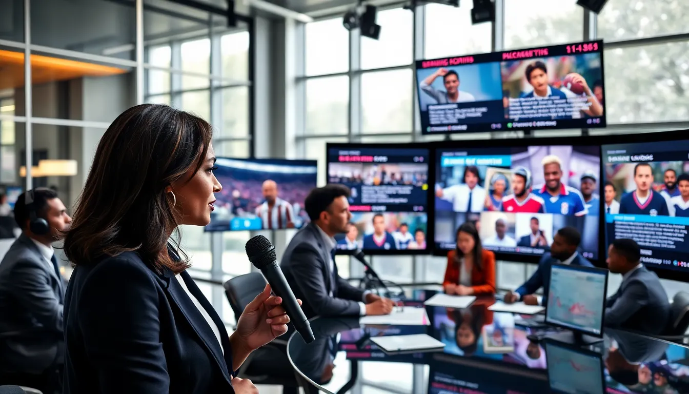 diverse team discussing sports media trends in a modern newsroom.