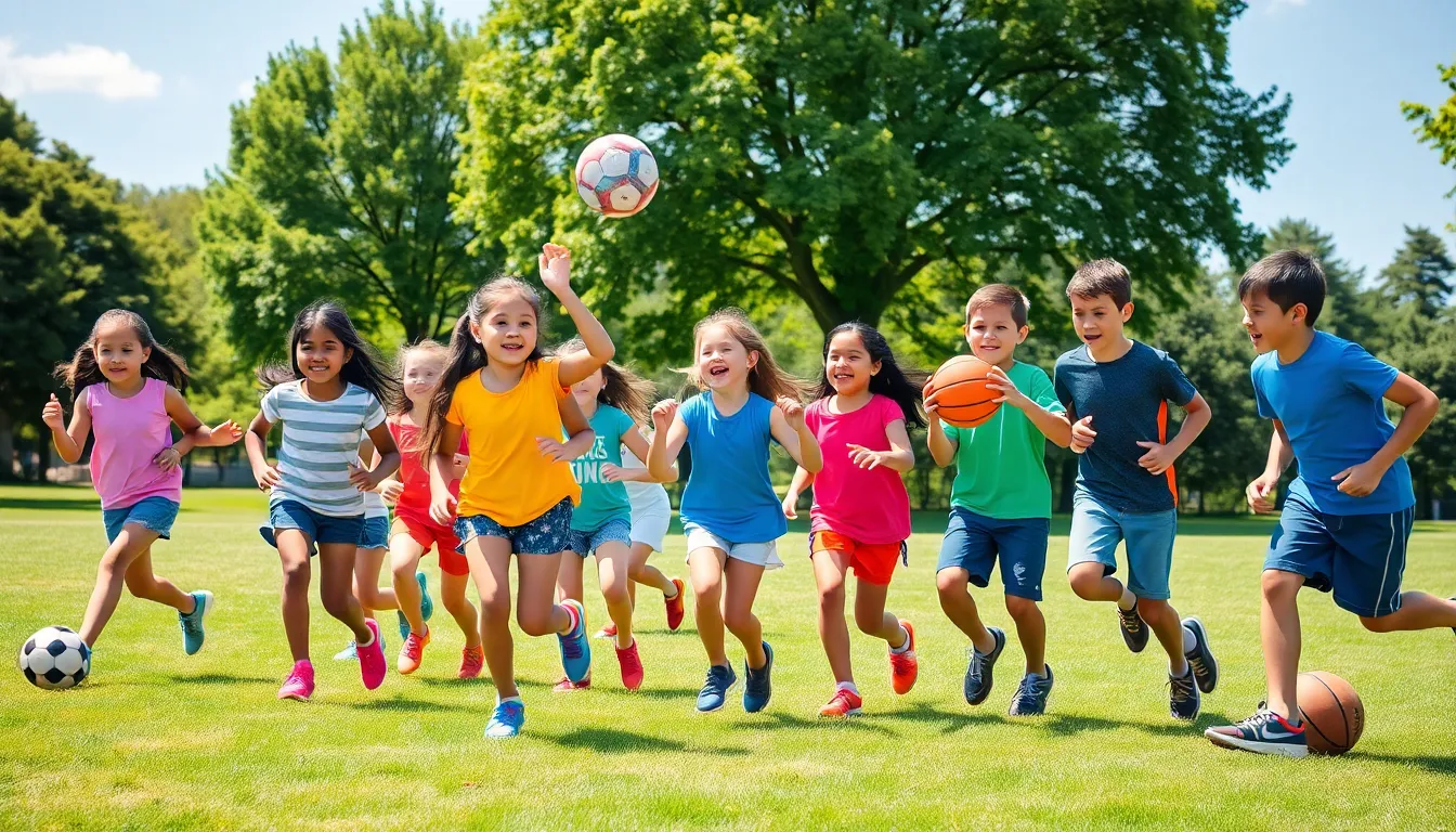 diverse children playing sports outdoors in a sunny park.