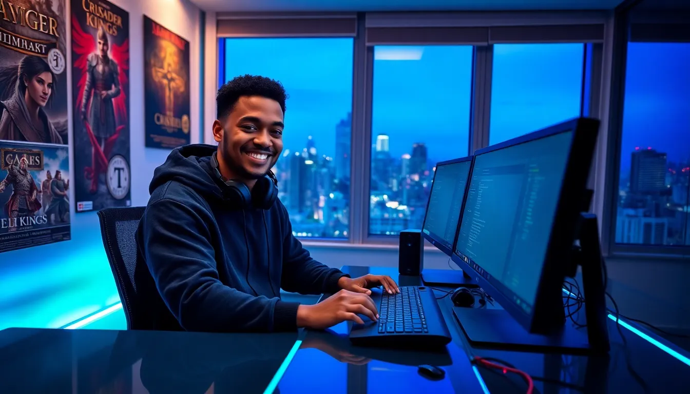 A developer working at a gaming desk featuring Ck2generator software.