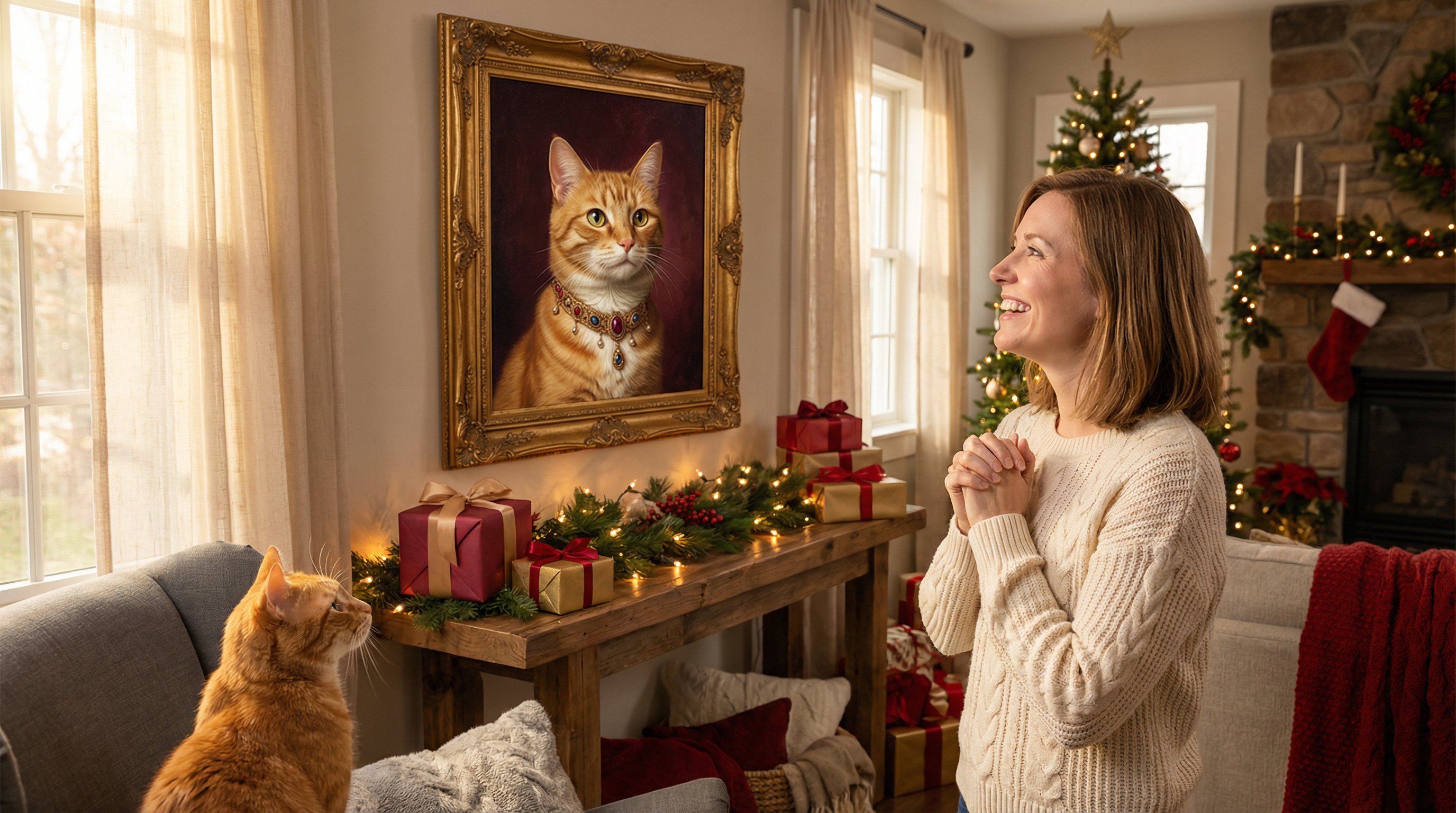 Framed custom cat portrait on a Christmas-decorated mantel with owner admiring it.