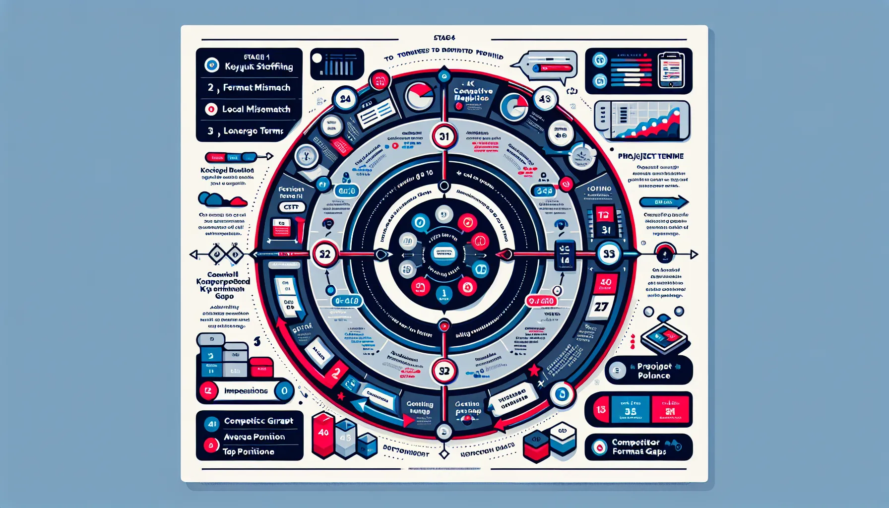 Circular infographic showing LSI pitfalls, relevance, metrics, and tools for UK SEO.