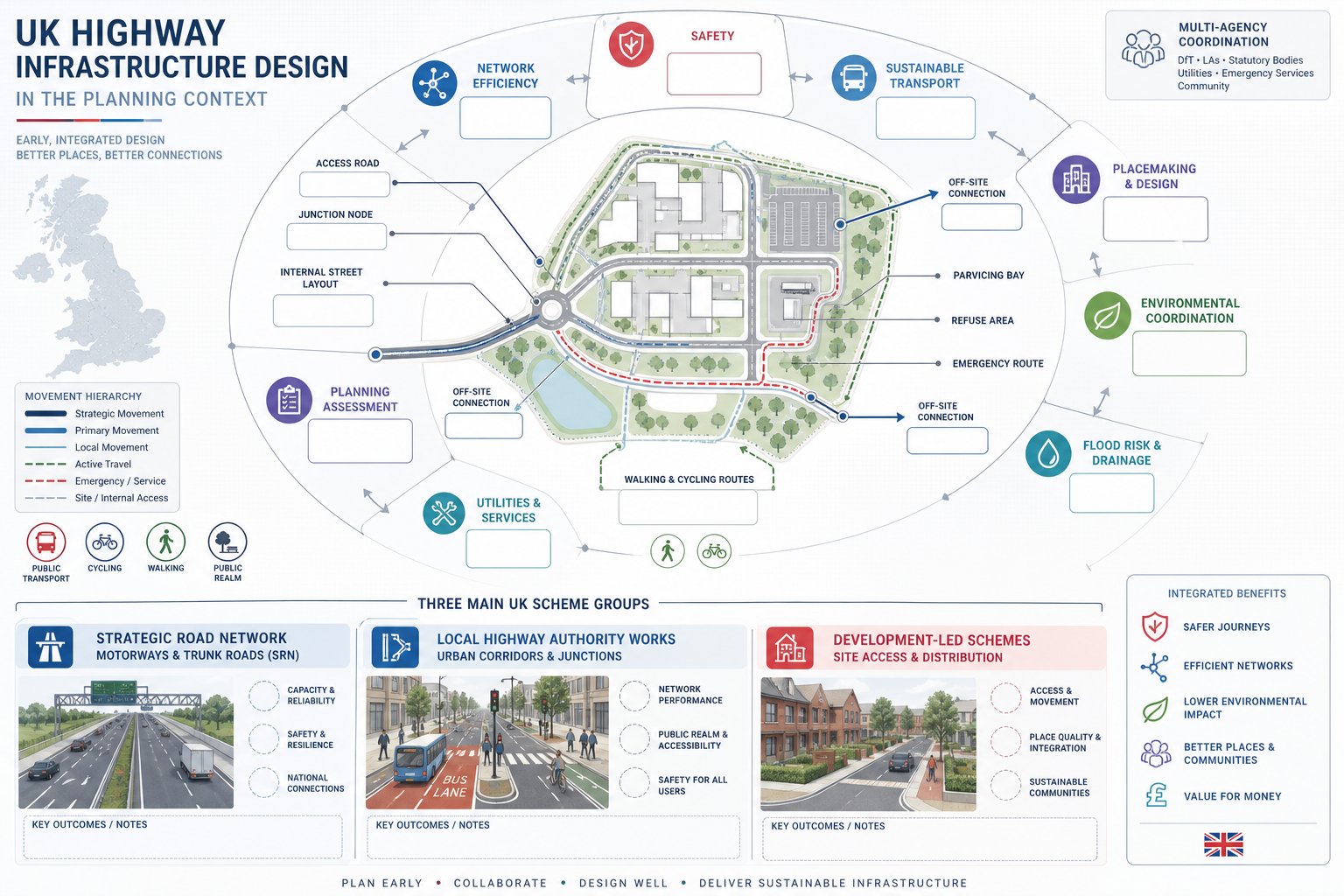 UK highway planning infographic showing site access, transport links, and three scheme types.